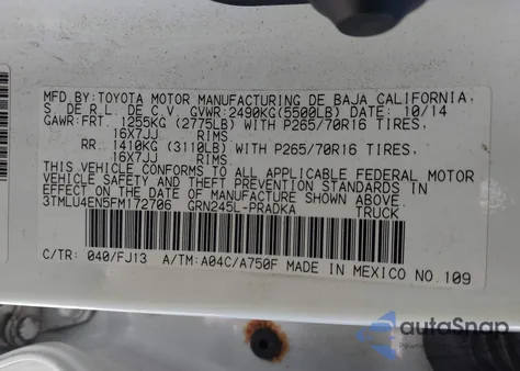 2015 Toyota Tacoma Base V6 z USA, uszkodzony, nr VIN 3TMLU4EN5FM172706